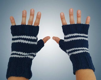 Ravenclaw Inspired Fingerless Gloves - Texting Gloves - Wristwarmers - Blue & Silver Grey Stripes Hand Knit Wizard Fingerless Mittens