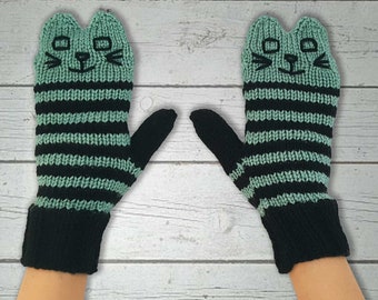 Knit Teal and Black Cat Mittens - Handmade Knitted Cat Mittens - Vegan Cat Mittens - Hand Knit Animal Mittens - Original Kitten Mittens