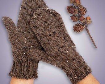 Hand Knit Owl Mittens - Adorable Knit Neutral Brown Mittens with Owls - Vegan Knitted Mittens with Brown Textured Yarn - Brown Owl Mittens