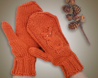 Knit Owl Mittens with Sequins - Adorable Orange Knitted Mittens - Vegan Knit Mitts with Owls - Orange Owl Mitts - Vegan Mittens