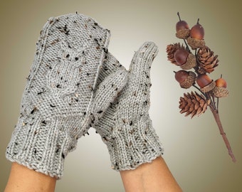 Hand Knit Owl Mittens - Cute Knit Neutral Tweed Mittens with Owls - Vegan Knitted Mittens w Cream Textured Yarn - Natural Beige Owl Mittens