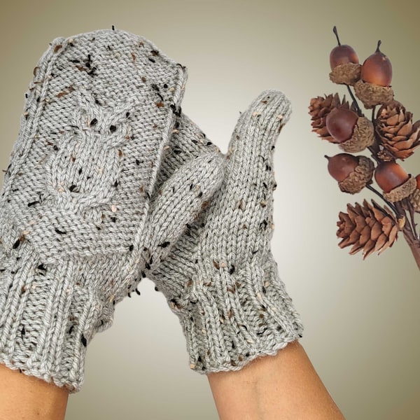 Hand Knit Owl Mittens - Cute Knit Neutral Tweed Mittens with Owls - Vegan Knitted Mittens w Cream Textured Yarn - Natural Beige Owl Mittens