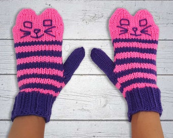 Knit Cat Mittens Pink and Purple Striped Handmade Knit Cat Ears Mittens - Pink Knit Kitty Mittens - Vegan Animal Mittens - Vegan Cat Mittens