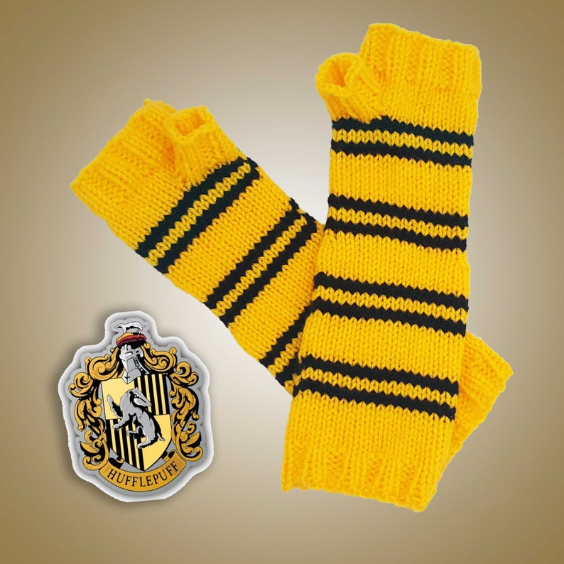 Yellow /& Black Fingerless Mittens Wristwarmers Harry Potter Inspired Hufflepuff House Striped Armwarmers Hand Knit Fingerless Gloves