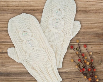 Knit Snowman Mittens with Sequins - Neutral Cream Knitted Vegan Mittens with Snowman Pattern - Cream Hand Knit Winter Snowman Mittens