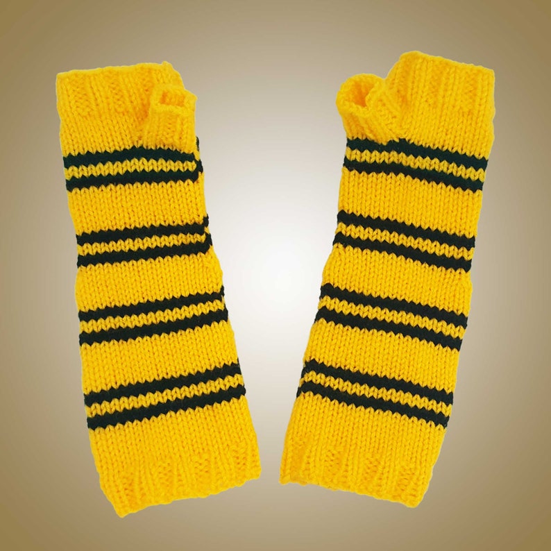 Yellow /& Black Fingerless Mittens Wristwarmers Harry Potter Inspired Hufflepuff House Striped Armwarmers Hand Knit Fingerless Gloves