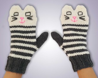 Knit Grey and White Striped Cat Mittens - The Original Kitten Mittens - Handmade Knitted Mittens - Vegan Mittens - Cat Face Animal Mittens