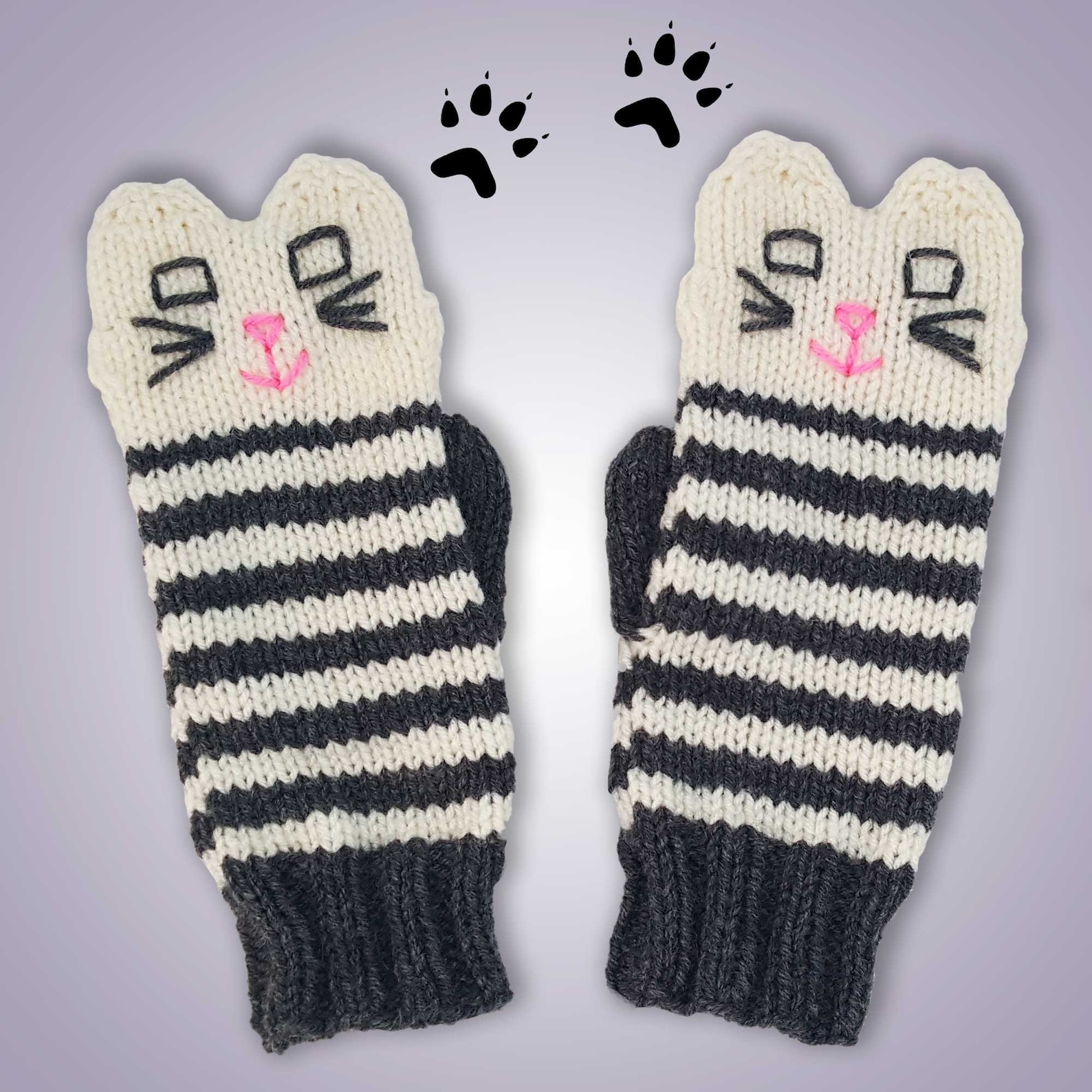 Knit Grey and White Striped Cat Mittens the Original Kitten Etsy
