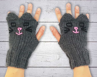 Knit Grey Cat Fingerless Gloves - Dark Grey Cat Gloves - Hand Knit Vegan Fingerless Gloves Vegan Animal Gloves Knit Animal Fingerless Gloves