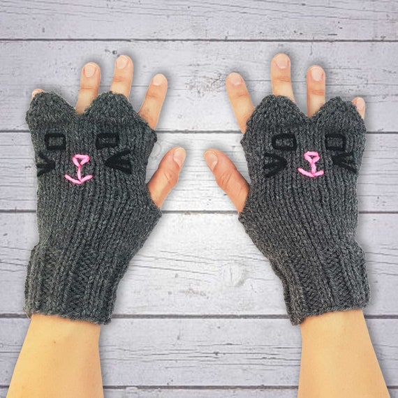 Knit Grey Cat Fingerless Gloves Dark Grey Cat Gloves Hand - Etsy Knit Grey Cat Fingerless Gloves Dark Grey Cat Gloves Hand - Etsy