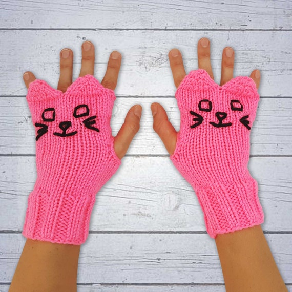 Pink Knit Cat Fingerless Gloves Bright Pink Knitted Cat - Etsy Pink Knit Cat Fingerless Gloves Bright Pink Knitted Cat - Etsy