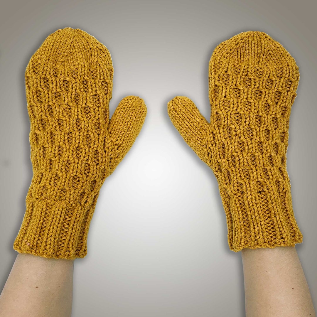 Yellow Knit Mittens With Cable Pattern Mustard Etsy