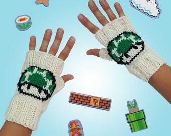 Retro Mario Inspired Green 1 Up Mushroom Fingerless Gloves - Retro Gaming Arcade Mario Cosplay Knit Gloves - Knit Comic Con Accessory