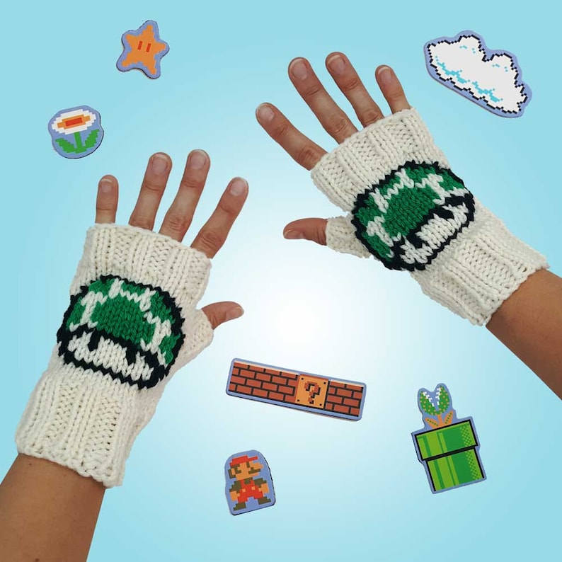 Mitaines d'inspiration Mario rétro vert 1 planches de champignon gants en tricot rétro Gaming Arcade Mario Cosplay accessoire Comic Con en tricot image 1