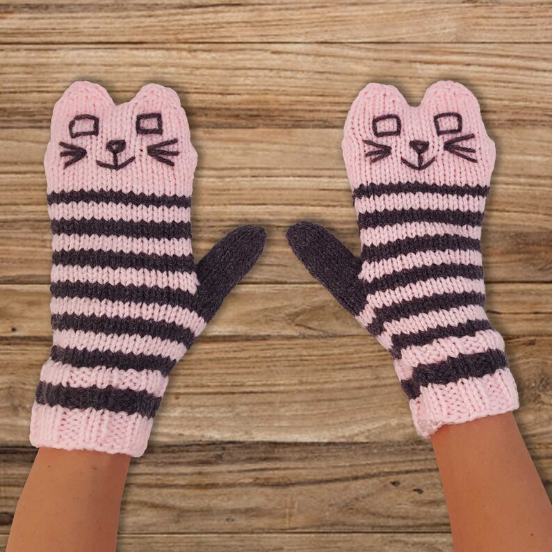 Knit Cat Mittens Pale Pink and Grey Striped Cat Mittens Knit Etsy