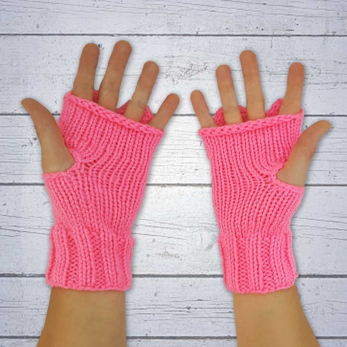 Pink Knit Cat Fingerless Gloves Bright Pink Knitted Cat Etsy