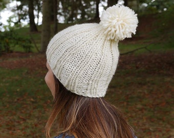 Knit Pompom Hat - Beige Handknit Beanie with Pom Pom - Winter Hat with Pompom - Beige Knitted Toque - Pompom Beanie Hat - Beige Knitted Hat