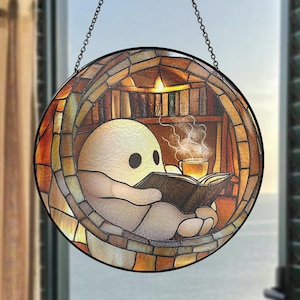 Custom Reading Book Ghost Faux Stained Glass Suncatcher, Spooky Reading Nook Window Decor for Halloween, Gothic Book Lovers Gift
