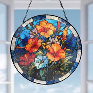 Hibiskus-Buntglas-Sonnenfänger, Elegante Wand- und Fensterdekoration, Einzigartiges Geschenk für Sie, Tropische Blumenkunst, besonderes Geschenk für Frauen