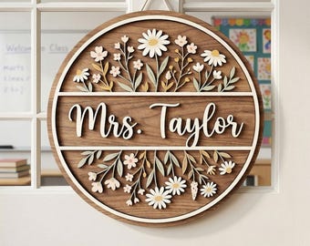 Floral Teacher Door Hanger, Custom Classroom Sign, Personalized Teacher Name, Wildflower Boho Classroom Decor, Teacher Appreciation Gift