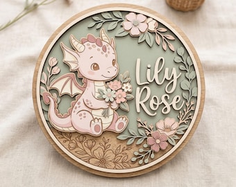 Personalized Girl Dragon Round Wood Name Sign, Dragon Baby Name Sign, Round Wood Baby Name Sign, Baby Announcement Sign