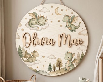 Personalized Dragon Dream Nursery Name Sign, Cute Baby Dragon Round Wood Sign, Fantasy Forest Baby Name Sign, Baby Announcement Gift