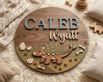 Personalized Ankylosaurus Dinosaur Name Sign, Cute Dino Nursery Decor, Custom Baby Name Wooden Sign, Kids Room Door Sign