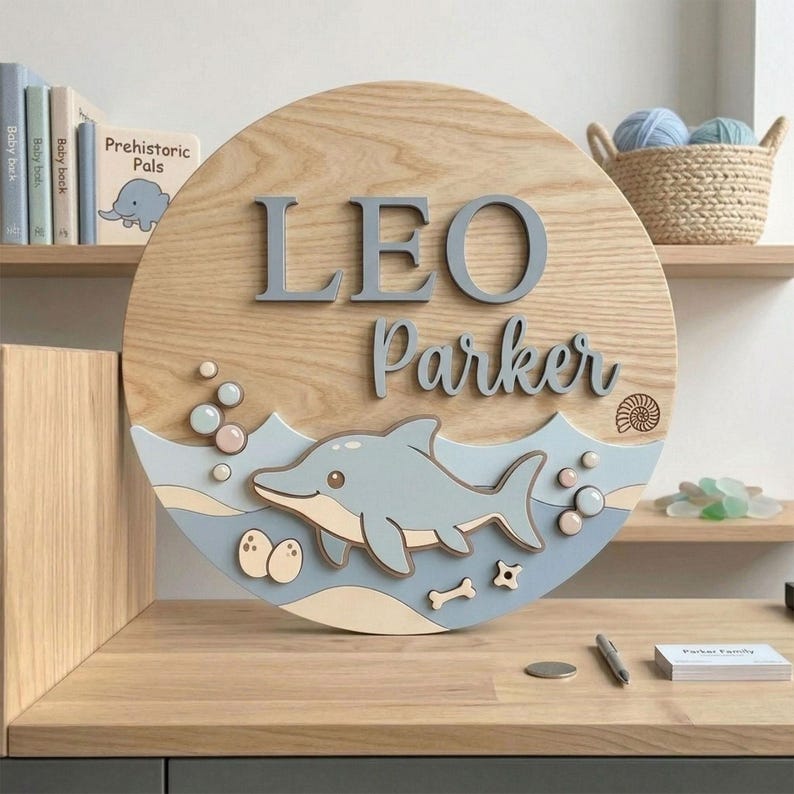 May include: A wooden round sign with the name "LEO Parker" in gray letters. The sign features a light blue dolphin, waves, bubbles, and other sea-themed elements. The background is a light wood grain.