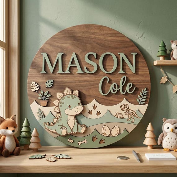 Personalized Stegosaurus Dinosaur Name Sign, Cute Dino Nursery Decor, Custom Baby Name Wooden Sign, Kids Room Door Sign