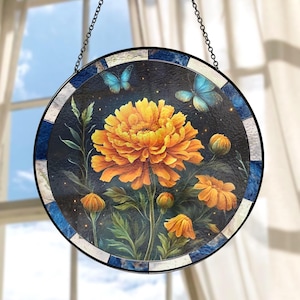 Marigold Stained Glass Suncatcher, Style Wall and Window Decoration, Special Gifts for Women, October Birthday Gift