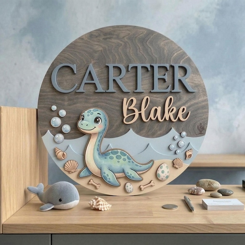 Personalized Stegosaurus Dinosaur Name Sign, Cute Dino Nursery Decor, Custom Baby Name Wooden Sign, Kids Room Door Sign image 7