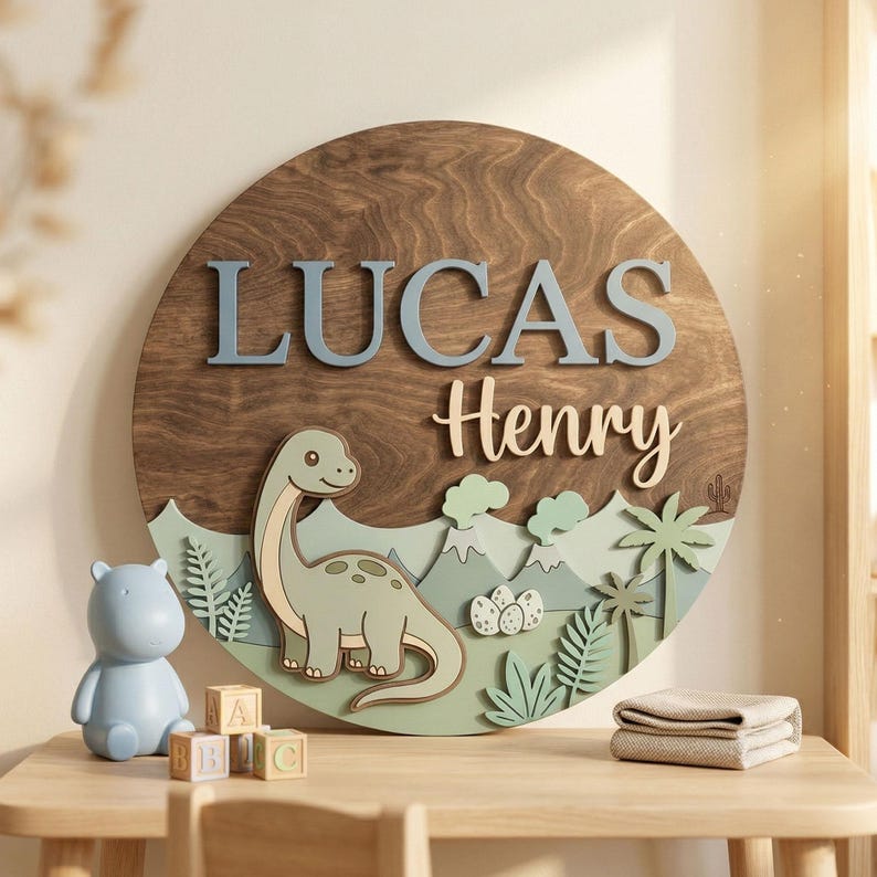 Personalized Stegosaurus Dinosaur Name Sign, Cute Dino Nursery Decor, Custom Baby Name Wooden Sign, Kids Room Door Sign image 3