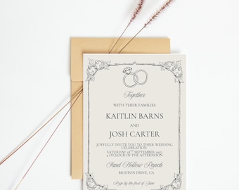 Könnte beinhalten: Hochzeitseinladung mit cremefarbenem Hintergrund, mit den Namen Kaitlin Barns und Josh Carter. Die Einladung enthält den Text "Zusammen" und "Sand Hollow Ranch, Brixton Drive, CA". Das Design umfasst florale Eckakzente und eine Ringgrafik.