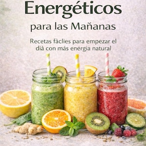 Puede incluir: Imagen de una portada de libro con el título "Batidos Energéticos para las Mañanas" en verde. Tres tarros de batidos con adornos de frutas y pajitas a rayas están en primer plano. La imagen promueve recetas de desayuno saludables.
