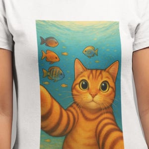 Cat Underwater Selfie Shirt, Cute Cartoon Kitty with Fish T-Shirt, Unisex Graphic Tee, Orange Tabby Cat Lover Tee