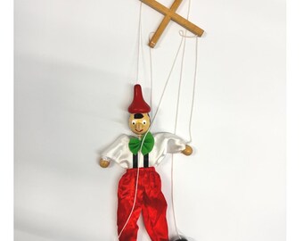 Vintage Wooden Pinocchio Marionette Puppet Hand Painted Toy Red White Green