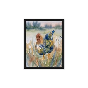 May include: Watercolor painting of a hen in a field, framed in black. The hen has brown, blue, and yellow feathers. The background shows a soft landscape with trees and a body of water. The artwork is a nature-themed piece.