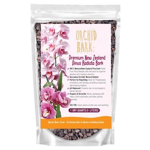 May include: A clear plastic bag filled with orchid bark. The bag features a label with the text "ORCHID BARK" and an image of pink orchids. The label also states the product is "Premium New Zealand Pinus Radiata Bark" and contains 1 dry quart (1 liter).