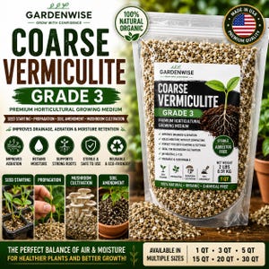 Könnte beinhalten: Ein Beutel Gardenwise Coarse Vermiculite Grade 3, ein hochwertiges Gartenbau-Wachstumsmedium. Der Beutel zeigt Text und Symbole, die Vorteile wie verbesserte Drainage, Belüftung und Feuchtigkeitsspeicherung hervorheben. Geeignet für die Aussaat, Vermehrung, Bodenverbesserung und Pilzanbau.