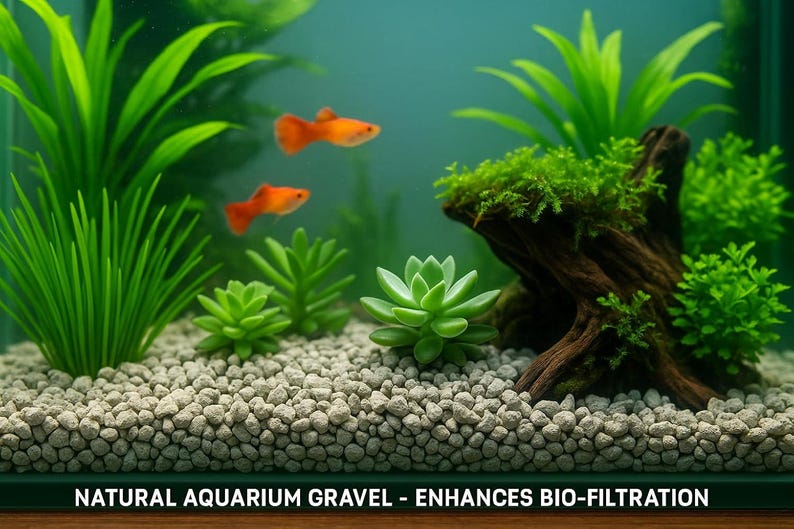 May include: An aquarium scene with orange fish swimming among green plants and a decorative piece of driftwood. The tank features natural aquarium gravel and a variety of aquatic plants. The text at the bottom reads "NATURAL AQUARIUM GRAVEL - ENHANCES BIO-FILTRATION."