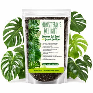 May include: A clear plastic pouch containing dark brown potting soil labelled Monstera's Delight: Premium Soil Blend with Organic Fertilizer, 3 Litres. The label features green monstera leaf illustrations and text detailing organic components.