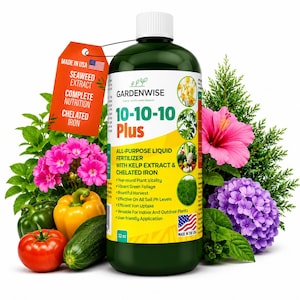 以下が含まれることがあります： ケルプエキスとキレート鉄を配合したGardenwise 10-10-10 Plus多目的液体肥料の946mlボトル。ラベルにはテキスト、円形の植物画像、Made in USAタグが記載されています。花、ピーマン、トマトに囲まれています。