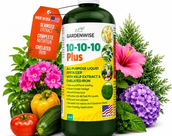 10-10-10 Liquid Fertilizer for Indoor and Outdoor Plants | All Purpose Plant Food with Kelp and Iron for Vegetables Flowers Lawn