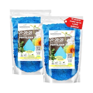 May include: Two bags of Gardenwise 20-20-20 all-purpose water-soluble fertilizer. The bags are clear with blue contents and feature a floral design. Each bag weighs 10 lbs (4.5 kg) and makes up to 2,000 gallons. A red tag indicates 10 quarts make up to 4,000 gallons.