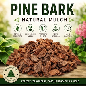 May include: A heap of brown pine bark mulch with the text "PINE BARK NATURAL MULCH". The image includes icons indicating the mulch retains moisture, suppresses weeds, protects roots, is 100% natural, and long lasting. The text at the bottom says "PERFECT FOR GARDENS, POTS, LANDSCAPING & MORE."