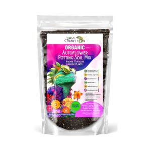 Puede incluir: Una bolsa de plástico transparente llena de mezcla para macetas. La etiqueta colorida dice "Organic Autoflower Potting Soil Mix" y muestra un camaleón de dibujos animados con gafas de sol. Volumen: 0,95 litros.