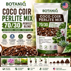 May include: A bag of BotanIQ Coco Coir Perlite Mix 70/30 blend. The bag is white with green and brown text and graphics. The mix is organic, fast draining potting soil, perfect for houseplants, orchids, succulents, and seed starting. Available in 1, 2, 5, 10, and 20 quart sizes.