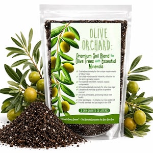 May include: A clear plastic bag of Olive Orchard premium soil blend for olive trees, containing 3 dry quarts. The label features green text and olive branch illustrations, listing benefits like essential minerals and organic components.