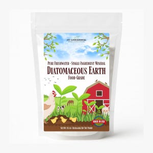 May include: A white resealable zip-top pouch of food-grade diatomaceous earth. The label features a farm scene with a red barn, a hen, chicks, and the text "DIATOMACEOUS EARTH". The net weight is 0.5 lb. Made in the USA.