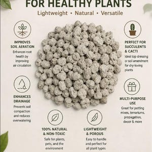 May include: Image of premium pumice for healthy plants. The image shows a pile of light gray pumice stones. Text on the image describes the pumice as lightweight, natural, and versatile. It improves soil aeration, enhances drainage, and is perfect for succulents and cacti.